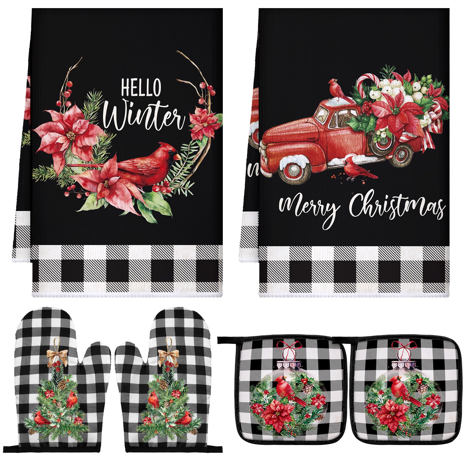 Bencailor 6 Pcs Christmas Kitchen Towel Oven Mitts and Pot Holders Set Xmas Theme Dish Towels Heat Resistant Oven Gloves for Summer Kitchen Cooking Baking Grilling(Colorful Christmas Tree Theme)